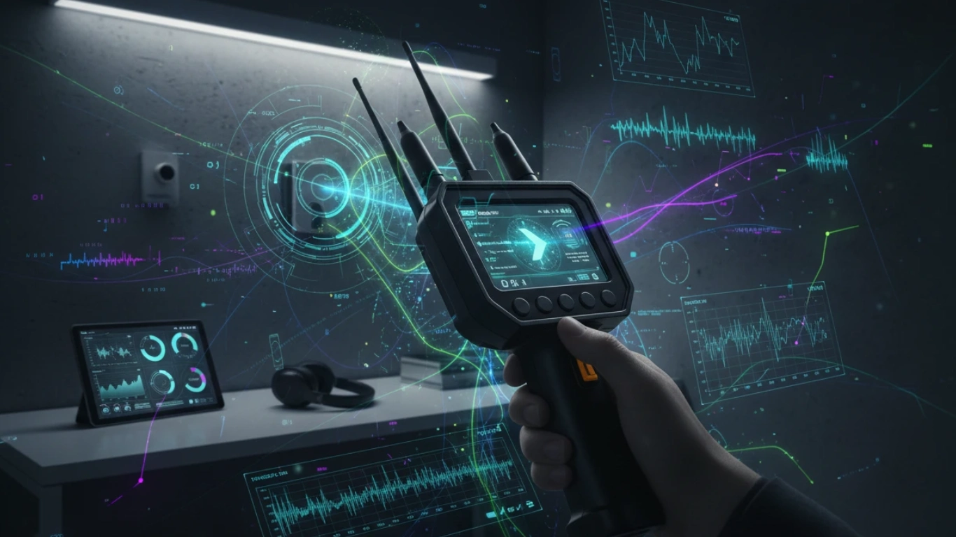 A private investigator uses a digital bug sweep device with antennas amid holographic data graphs, highlighting expert surveillance services.