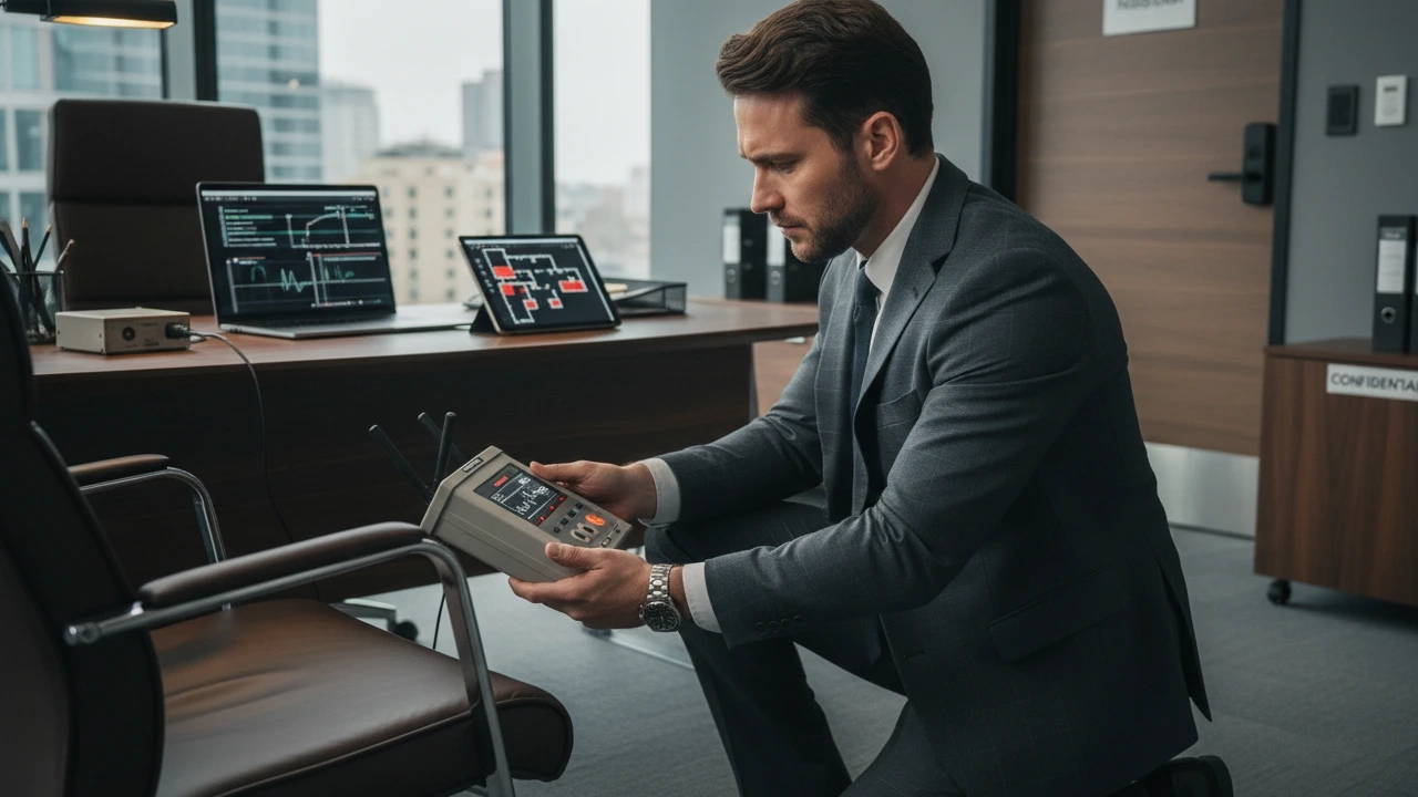 A private investigator in a suit skillfully uses an electronic bug sweeper, showcasing expert bug detection and privacy protection services.