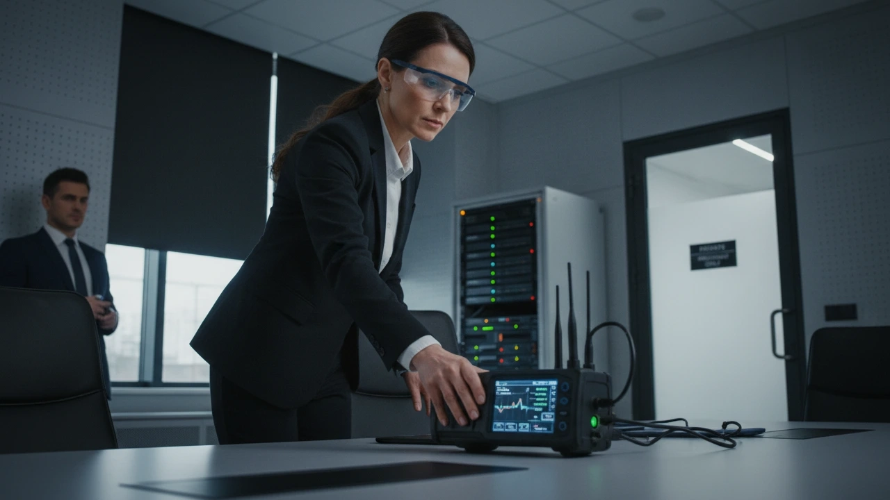 A private investigator in a business suit uses an electronic bug sweeper in a modern office, ensuring privacy with servers behind her.