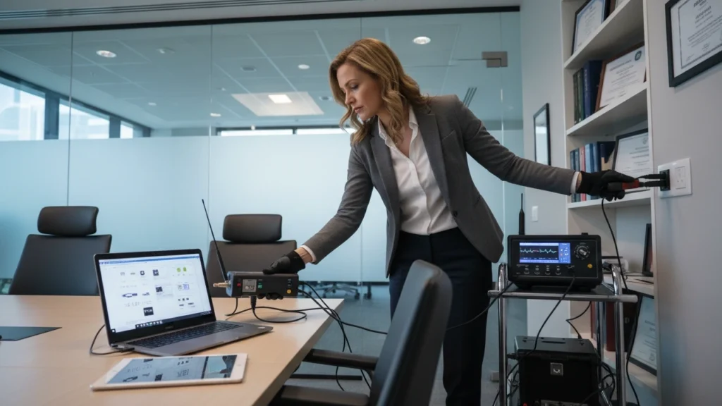 Private investigator checks for hidden bugs in an office, using a laptop, oscilloscope, and sweepers to ensure privacy and security.