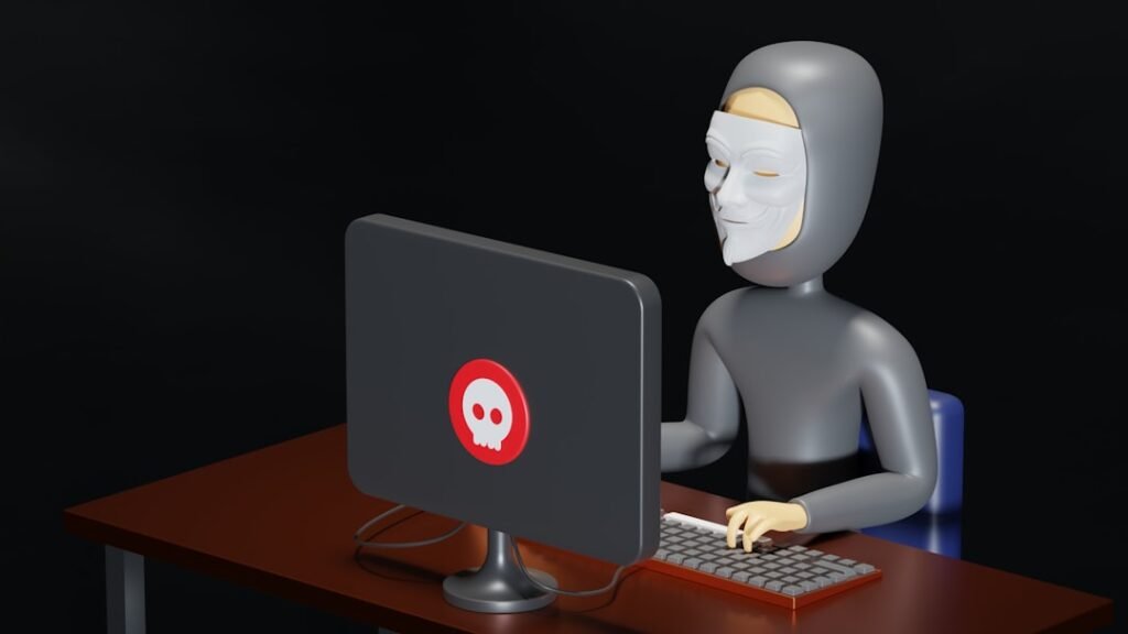 Bug Sweep Services A 3D illustration of a masked investigator in a hoodie at a desk, using a computer with detective symbols, on dark background. Infidelity Investigator