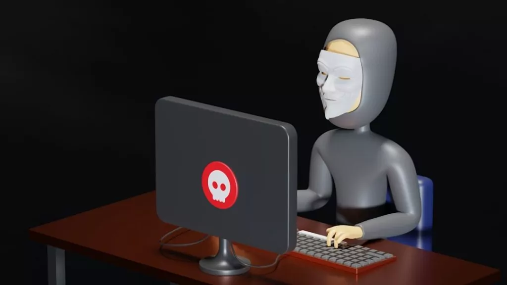3D illustration of a private investigator in a gray hoodie and white mask at a desk, using a computer with red skull on the monitor.