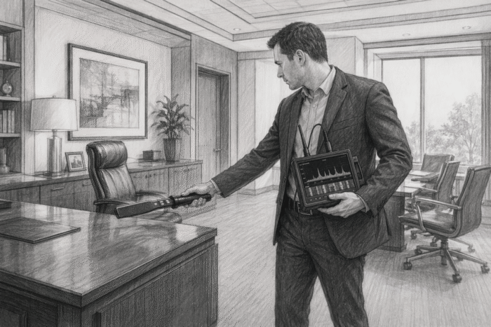 Technician using spectrum analyzer and junction detector
