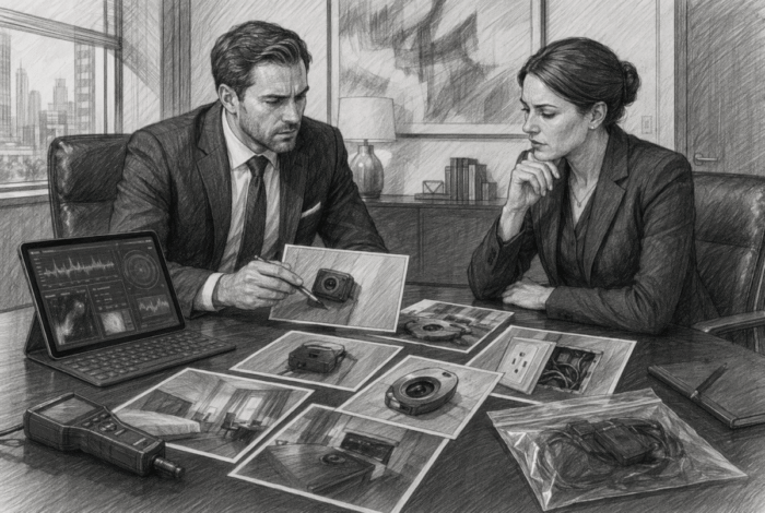 Attorney reviewing evidence photos in conference room