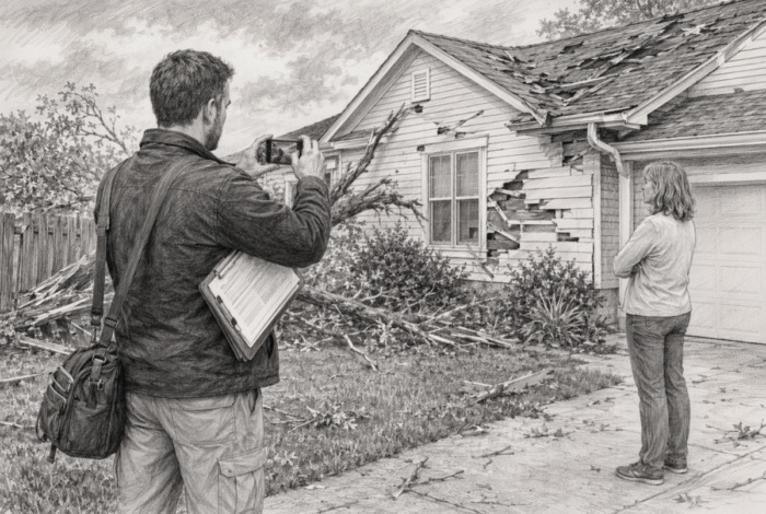 Investigator photographing storm damage outside home