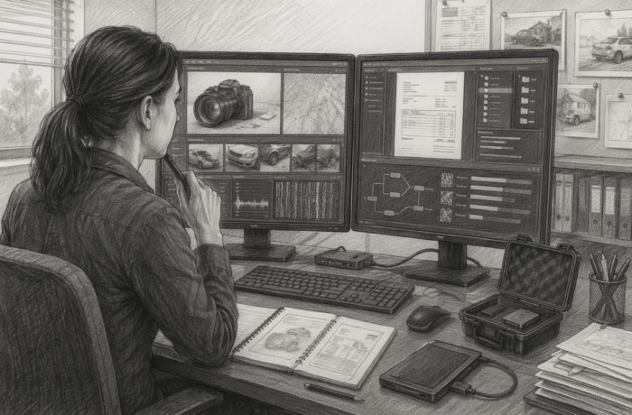 Forensic examiner analyzing metadata on dual monitors