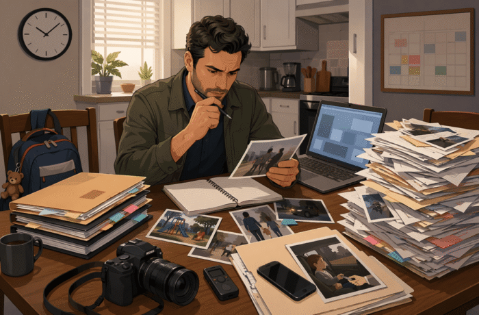 Investigator reviewing custody case files at kitchen table