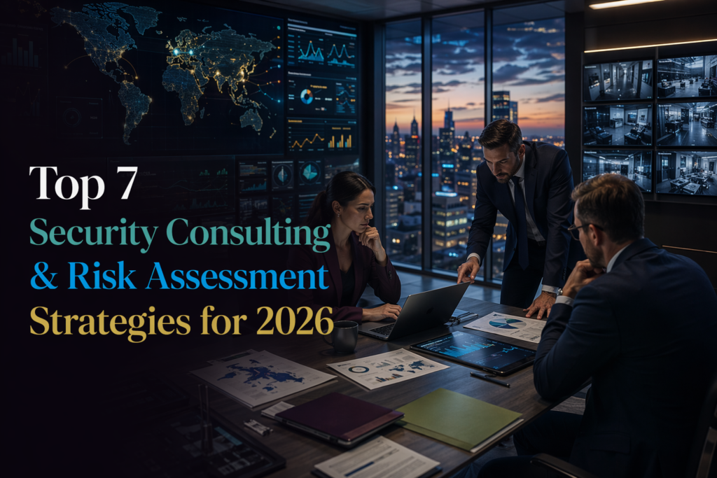 Bug Sweep Services Three investigators analyze security consulting and risk data in a modern office, with “Top 7 Security Strategies for 2026” overlay. Infidelity Investigator