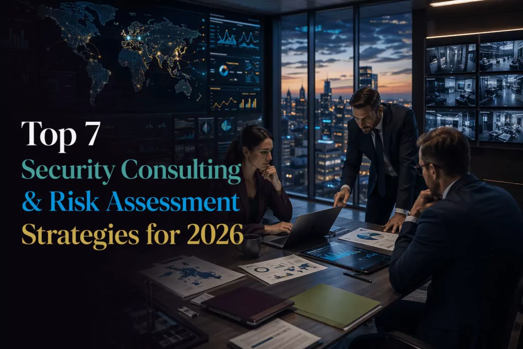 Three experts in a high-tech office review security data, emphasizing "Top 7 Security Consulting & Private Investigator Strategies 2026.