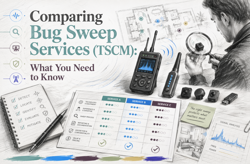 Bug Sweep Services Illustration comparing professional bug sweep services for private investigators, showing TSCM tools, checklists, and security threat detection. Infidelity Investigator