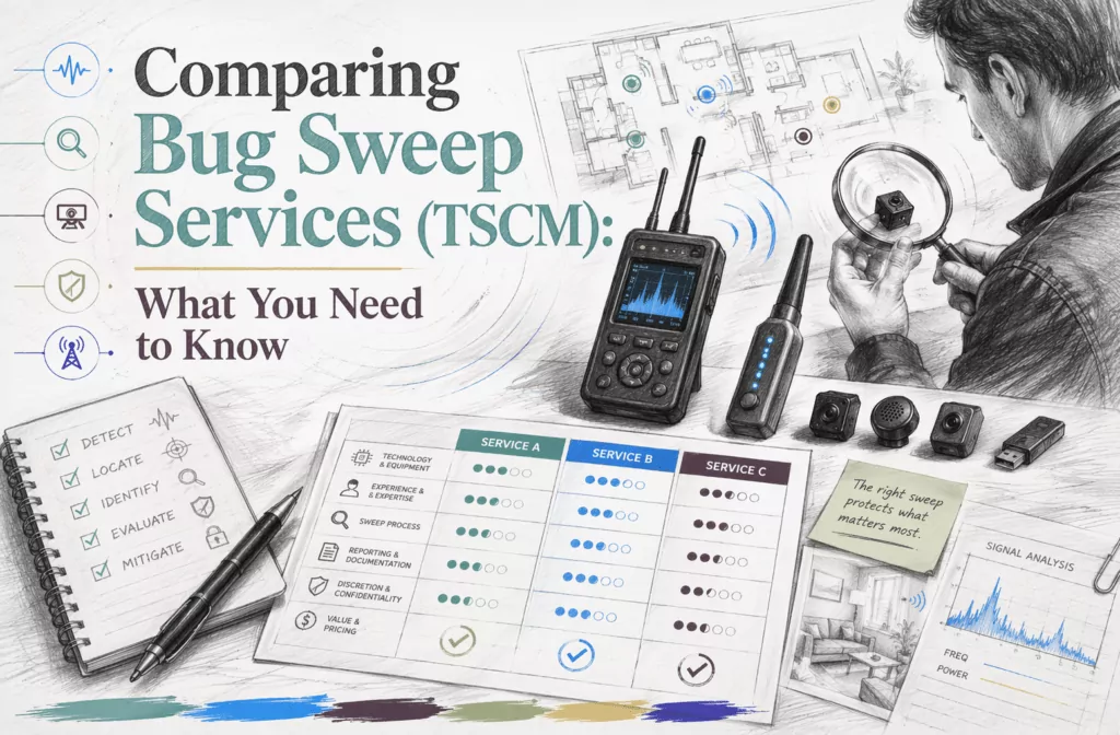 Illustration comparing bug sweep and TSCM services with security devices, charts, notes, and an examiner