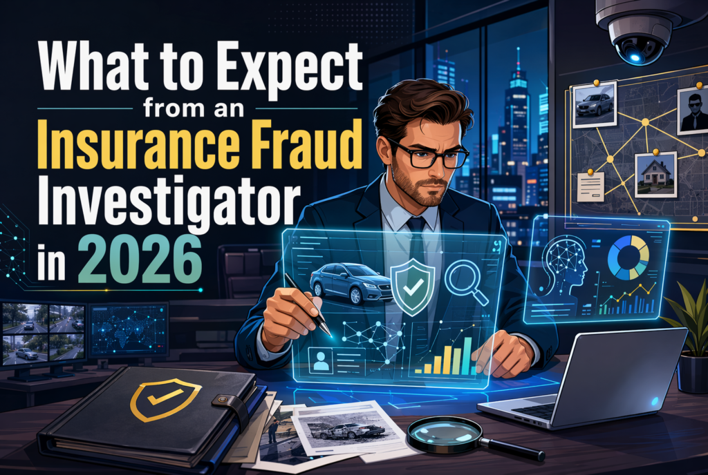 A skilled private investigator analyzes digital crime data, insurance fraud files, and evidence boards at a desk; text: "What to Expect from an Insurance Fraud Investigator in 2026.