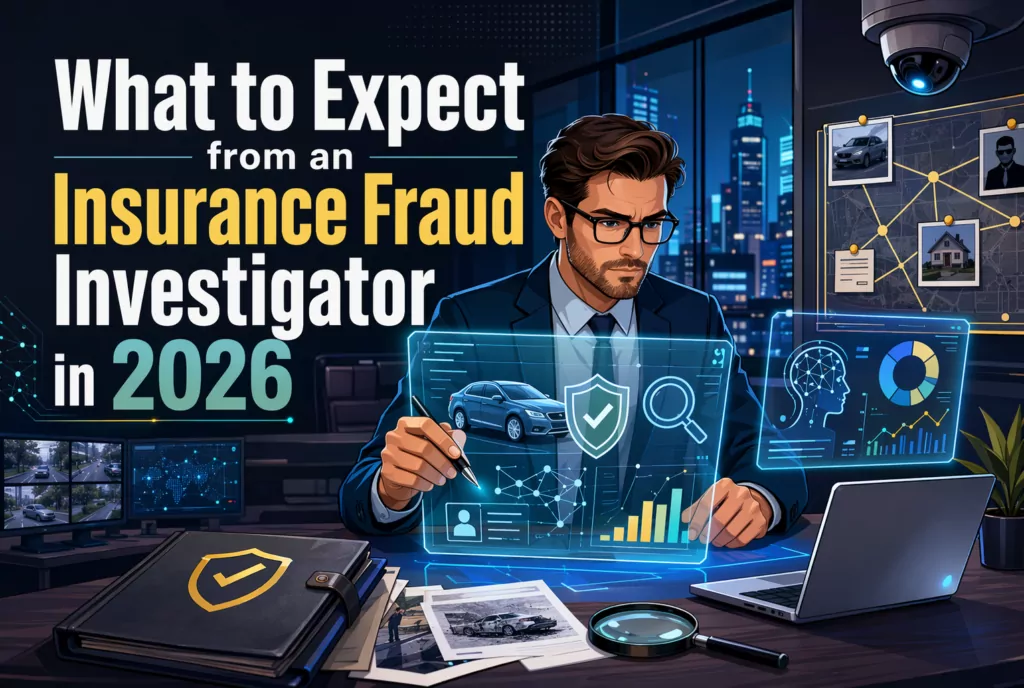 A skilled private investigator analyzes digital crime data, insurance fraud files, and evidence boards at a desk; text: "What to Expect from an Insurance Fraud Investigator in 2026.