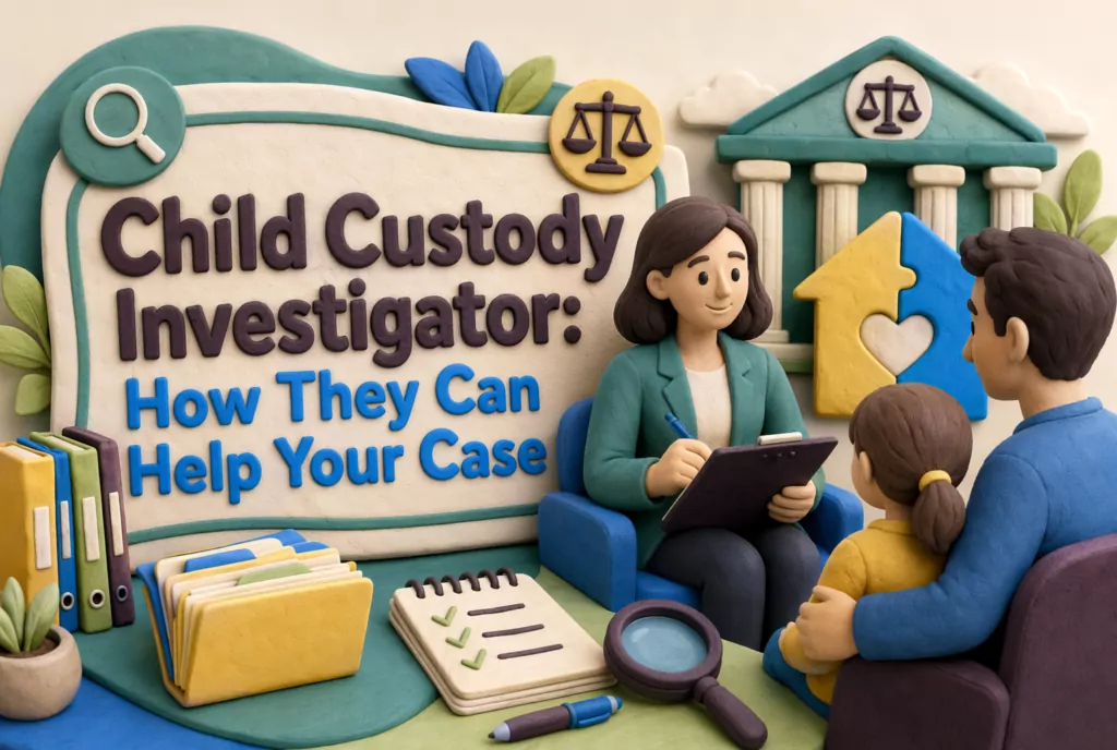 Claymation scene of a child custody investigator talking to a father and daughter, sign reads: "Custody Investigation: How a Child Custody Investigator Can Help Your Case"—professional private investigator services for custody cases.