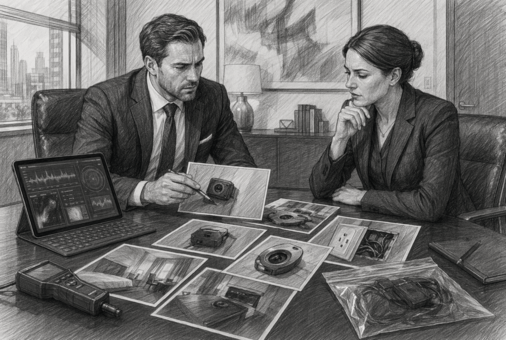 Professional private investigators in Michigan analyzing surveillance equipment and photos, showcasing TSCM and Bug Sweep expertise.
