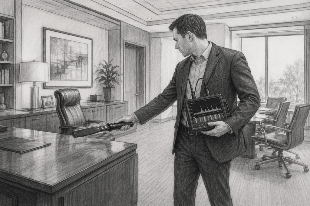 A private investigator in a suit uses a scanner and tablet to inspect an office desk, showcasing expert TSCM bug sweep services.
