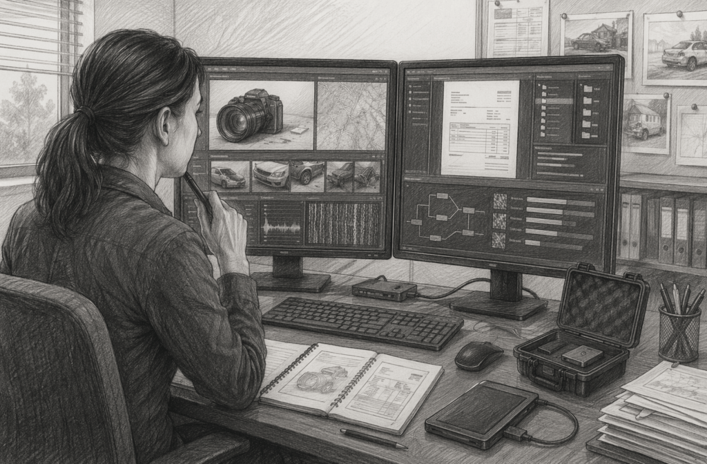 A professional private investigator reviews evidence on dual monitors, surrounded by case files, office tech, and surveillance tools in 2026.
