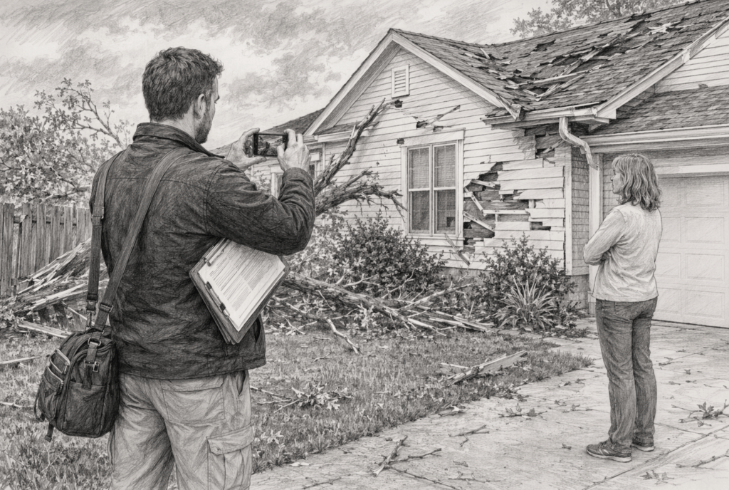 A private investigator documents house damage with photos, while a woman observes debris and broken siding—evidence for insurance claims.