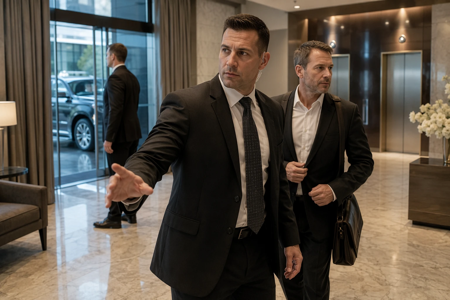 Protection agent guiding client through hotel lobby