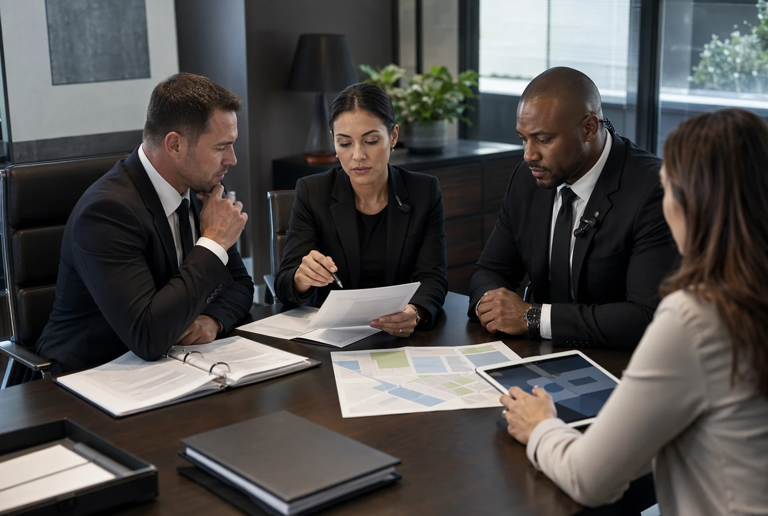 Protection team reviewing insurance documents in office