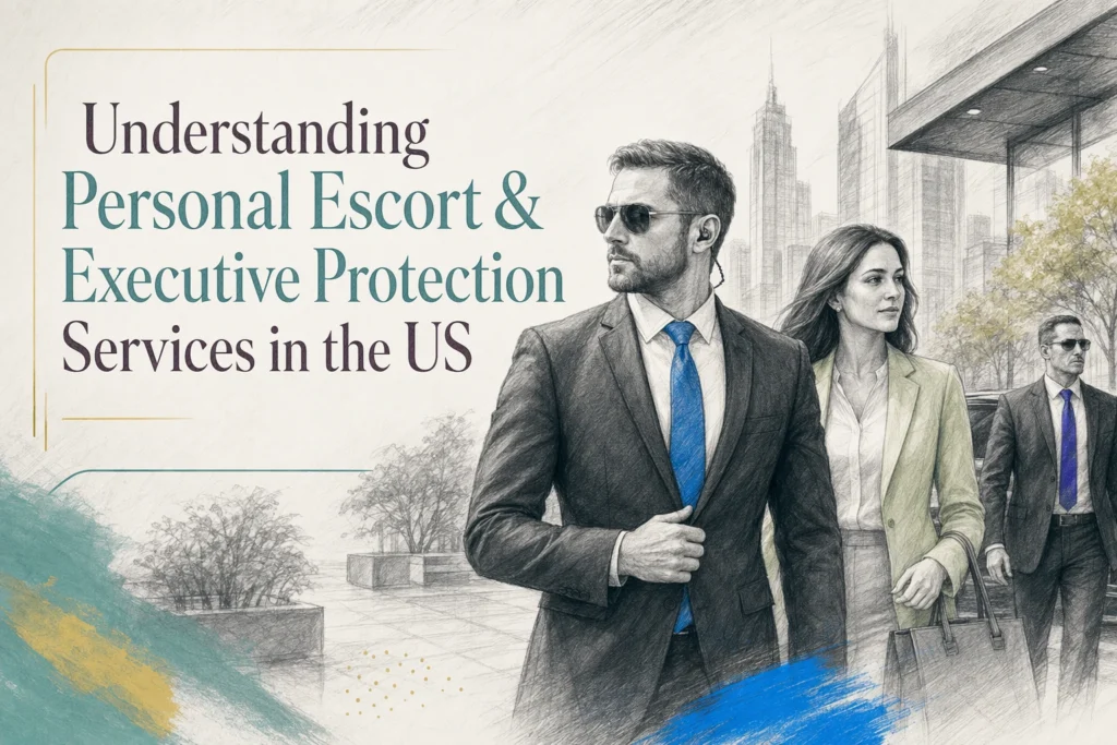 Three professionally dressed bodyguards walk outdoors, representing expert Executive Protection and Personal Escort services in the US. Text overlay reads, "Understanding Personal Escort & Executive Protection Services in the US." Learn how hiring professional bodyguards ensures safety, security, and peace of mind nationwide—essential for anyone seeking trusted private investigator or protection services.